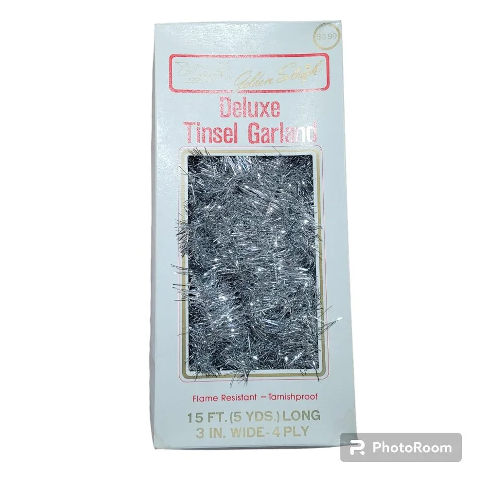 Golden Sleigh Silver Tinsel Garland Vintage Christmas Tree Mantle 15 Ft USA
